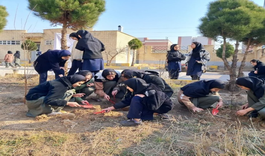 درختکاری در دبیرستان دخترانه شهدای فشند با حضور رئیس اداره منابع طبیعی ساوجبلاغ